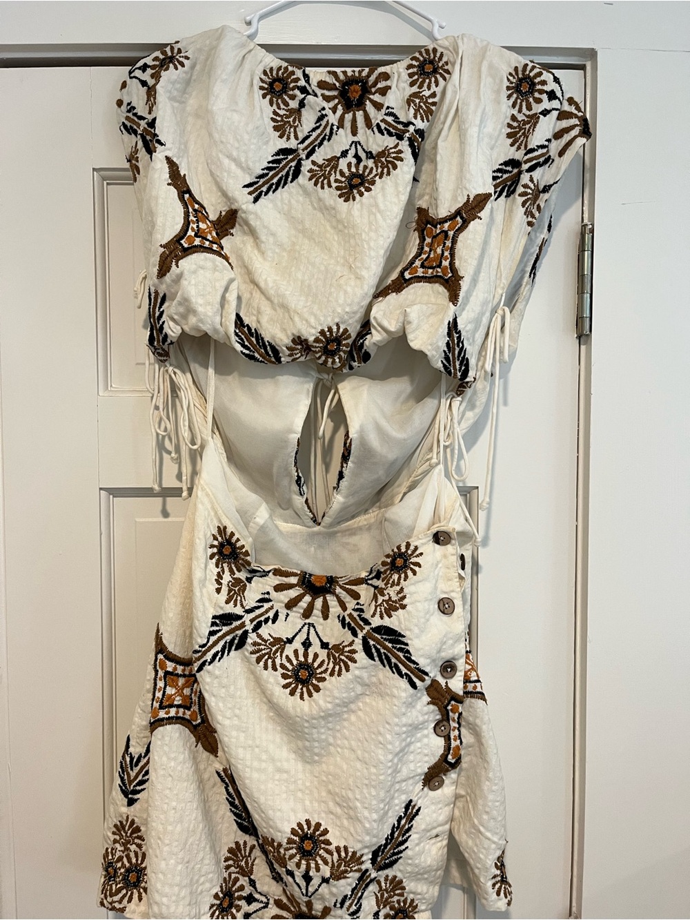 Free People White Embroidered Backless Cotton Dress with Brown Accents